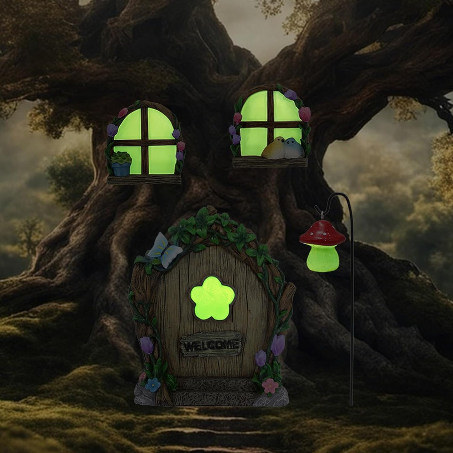 Fairy Door and Windows Garden Kit Accessories Outdoor, Glow in Dark Gnome House for Tree, Lawn Yard Art Sculpture, Miniature Garden Decor (Butterfly)