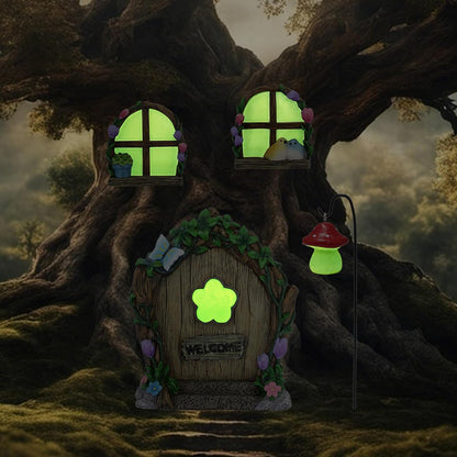 Fairy Door and Windows Garden Kit Accessories Outdoor, Glow in Dark Gnome House for Tree, Lawn Yard Art Sculpture, Miniature Garden Decor (Butterfly)