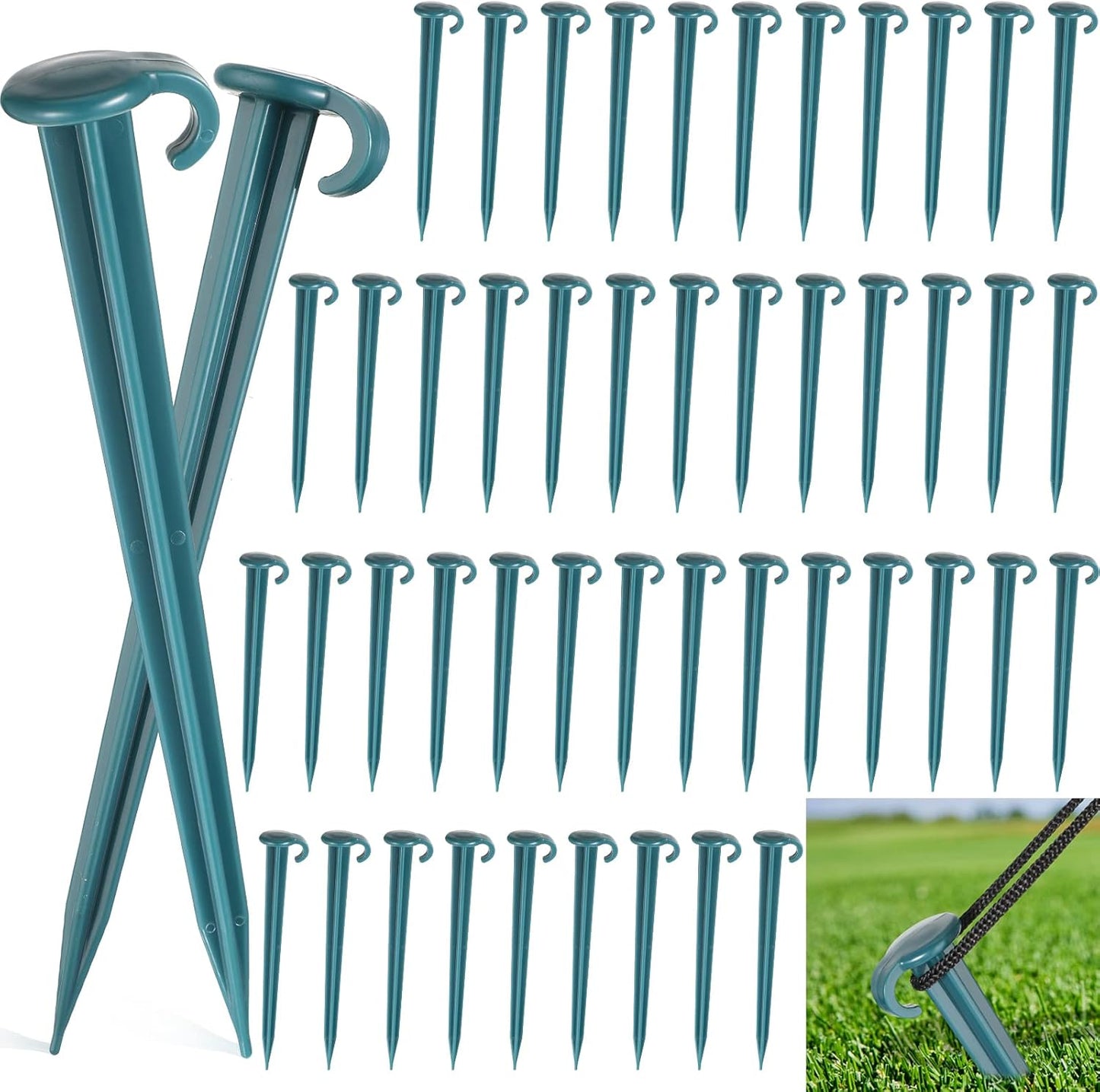Vicenpal 50 Pcs 7 Inch Plastic Yard Stakes Inflatables Heavy Duty Plastic Garden Stakes for Tent Ground Replacement Outdoor Fence Lawn Pegs Landscape Staples Halloween Christmas Decorations (Green)