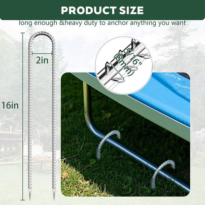 10 PCS Trampoline Stakes Anchors High Wind Heavy Duty,U Shaped Garden Hooks Stakes for Ground,Trampoline Tie Down Anchor Kit,Bounce Horseshoe House Stake,Rebar Camping Tent Stakes,16 Inch Long Silver