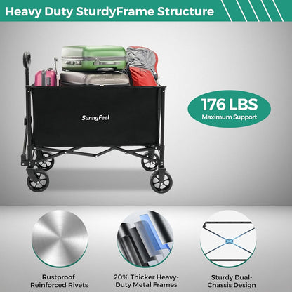 SUNNYFEEL Collapsible Wagon Cart with Wheels Foldable - 176lbs Standard Borderless Version Wagon Carts for Grocery Sports Garden Shopping Camping(Black, 164L)