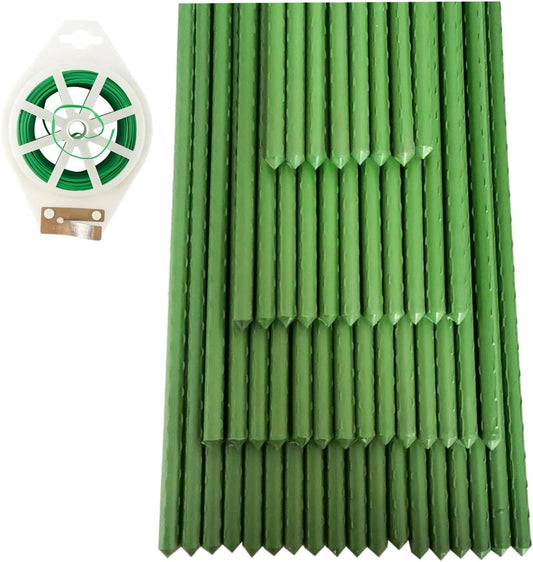 50Pcs 4FT x 7/16" Garden Stakes Plant Stakes Plant Cage Supports with 328FT Twist Ties for Sapling Tomato Cucumber Bean Climbing Plants Grow