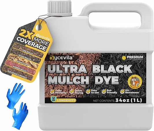 32oz Concentrated Ultra Black Mulch Dye with Gloves, Liquid Rubber Dye Spray Covers up to 3,600 Sq. Ft, Long-Lasting Finish Black Bark Paint for Mulch Restoration and Enhancement Landscaping