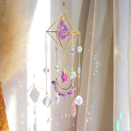 Amethyst Crystal Suncatcher - Hanging Gold Plated Garden Sun Catcher for Windows, Healing Amethyst