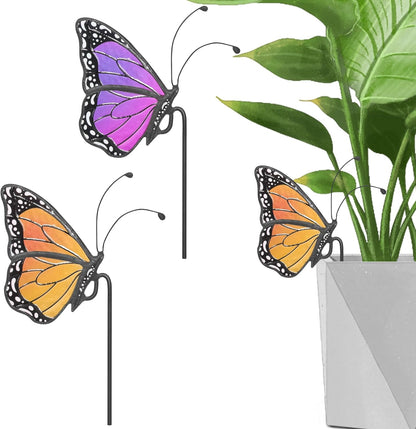 2pcs Stained Glass Butterfly Suncatcher for Flower Pot Plant Decoration, Yellow and Blue Butterfly Suncatcher for Garden Yard, Decorations Gift