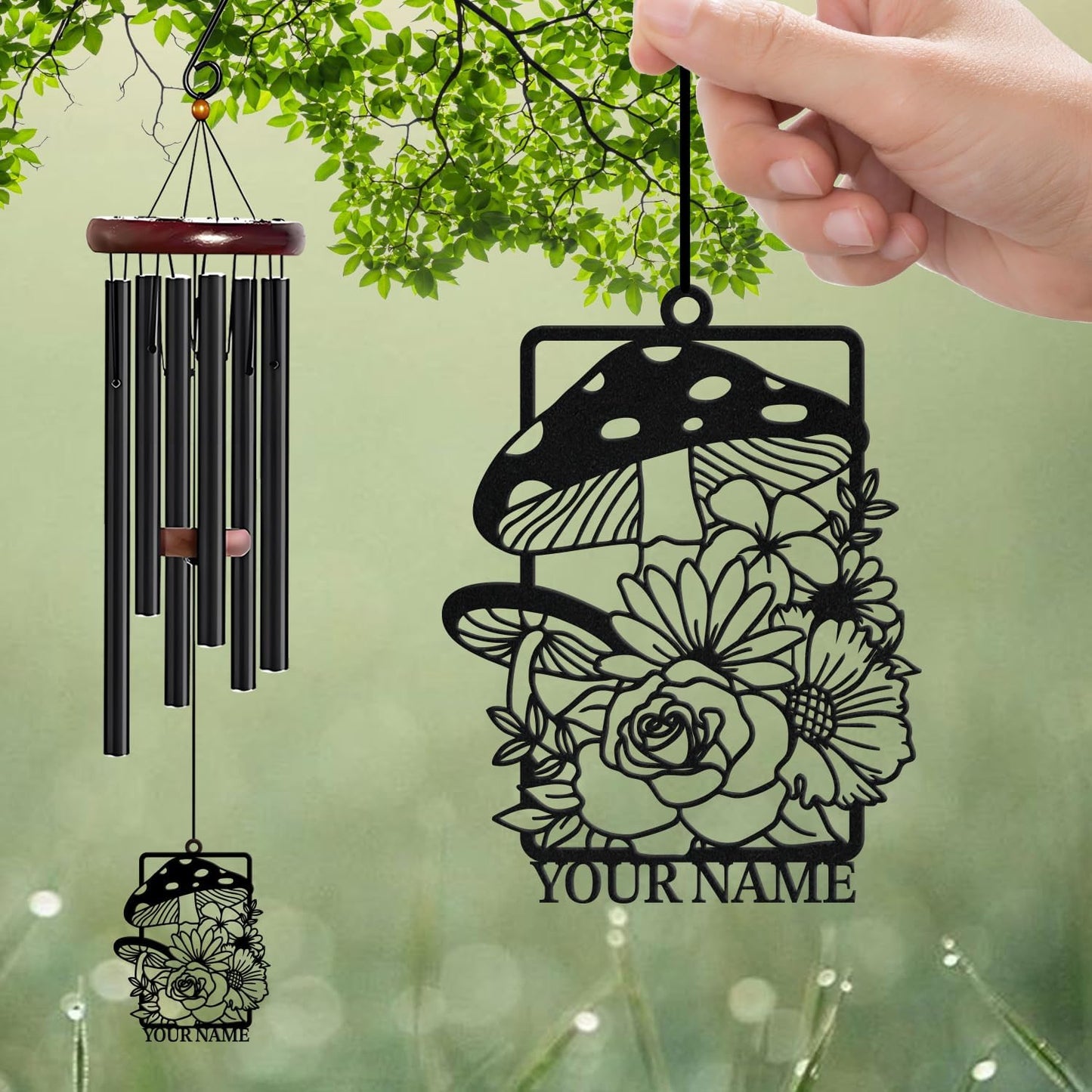 Personalized Customize Name Fantasy Mushroom Wonderland Wind Chime, Metal Iron 37 Inch Outdoor Memorial Gift for Garden Yard Patio Home Decor, Black (Style H)