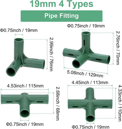 16 Pcs 19mm Greenhouse Frame Building Connectors, 4 Types Pipe Fitting for Grape Trellis/Sunscreen Shed/Gardening Plant Stakes, Greenhouse Accessories [Green]