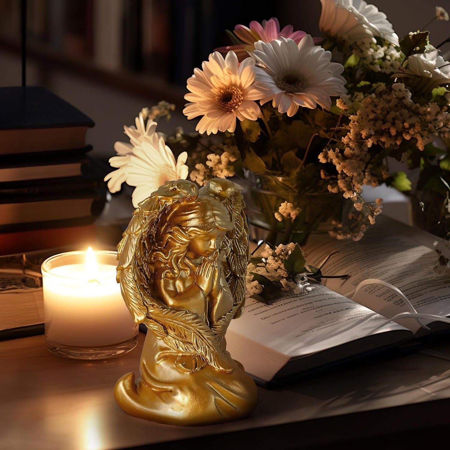 INLOMEM Praying Angel Figurine, Sculpted Hand-Painted Figurine Angel Wings Statue for Home Decor or Garden First Communion Gifts for Girls Religious Gifts for Women (Gold)