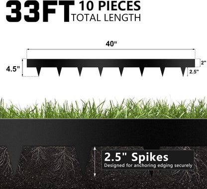 Worth Garden 10-Pack Galvanized Steel Landscape Lawn Edging - 4.5in H Black Powder Coated Bendable Metal Strips - Hammer-in Edging Border w/ 11 Clips - Yard Pathway Divider (33Ft Total)