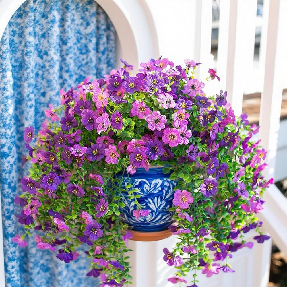 Artificial Hanging Plants Flowers Fake Outdoor Plants Artificial for Porch Hanging Faux Flowers Outdoor Home Porch Decor (2Pcs, Double Purple)