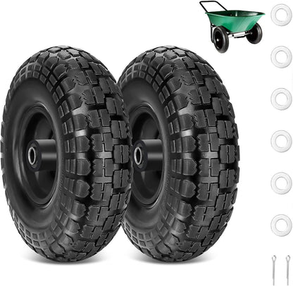 10" Solid Rubber Tires, 2 Pack Flat Free 4.10/3.50-4'' Wheels with 5/8” Axle Bore Hole and Double Sealed Bearings - Compatible with Hand Truck, Wheelbarrow, Dolly, Gorilla Carts, Black