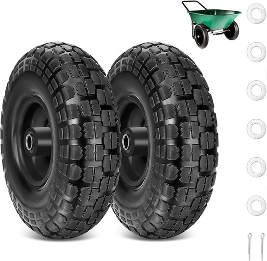 10" Solid Rubber Tires, 2 Pack Flat Free 4.10/3.50-4'' Wheels with 5/8” Axle Bore Hole and Double Sealed Bearings - Compatible with Hand Truck, Wheelbarrow, Dolly, Gorilla Carts, Black