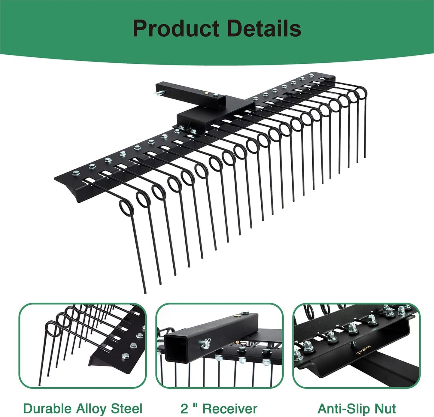 5FT Durable Pine Straw Rake Steel Spring Landscape Rake Fits 2" Receiver for Lawn Tractors or ATV/UTV，Black