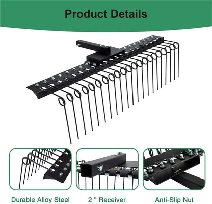 5FT Durable Pine Straw Rake Steel Spring Landscape Rake Fits 2" Receiver for Lawn Tractors or ATV/UTV，Black