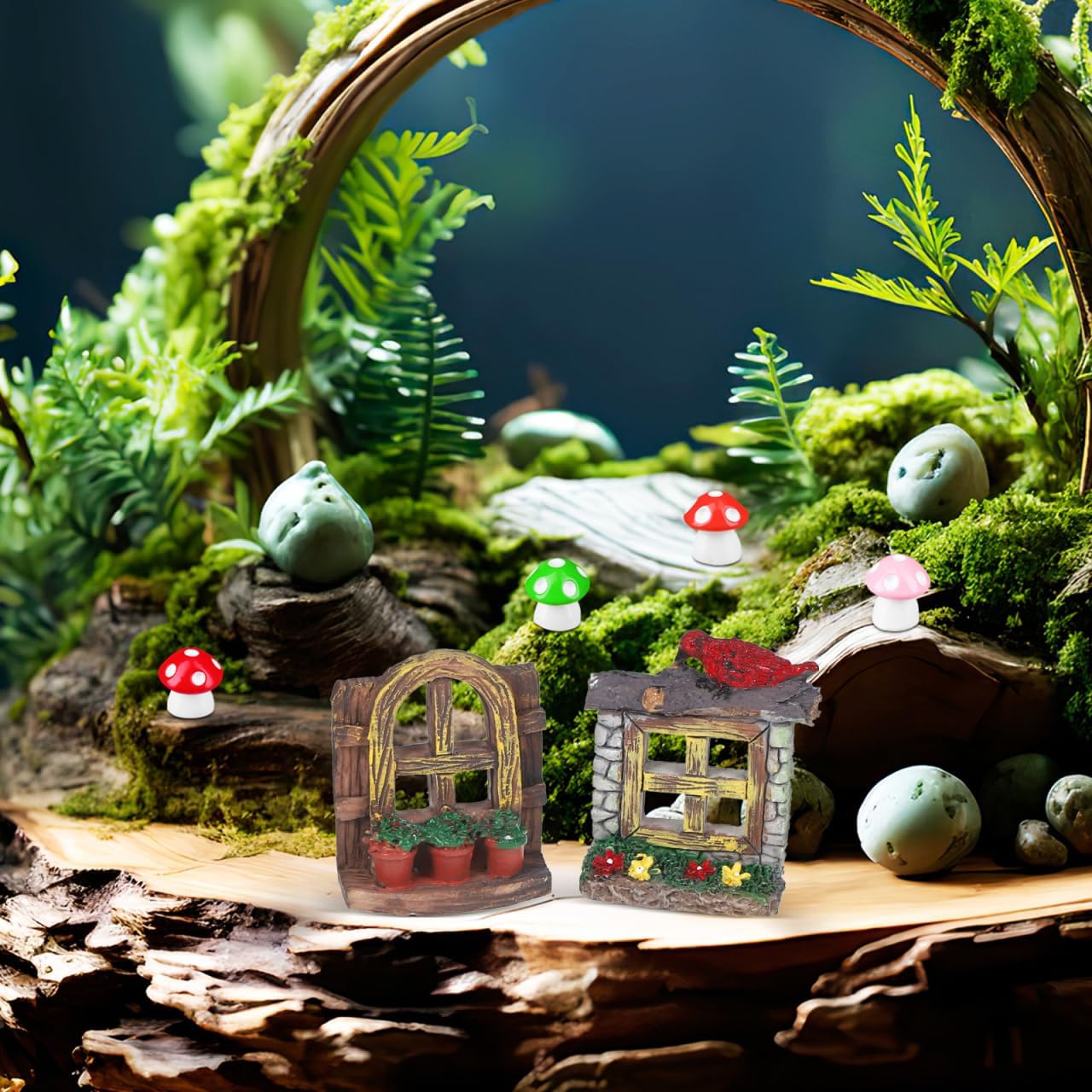 VOSAREA 4PCS Fairy Garden Windows and Door Set - Miniature Resin Gnome House Accessories for Outdoor Decor - for Trees Yards and Micro Landscapes