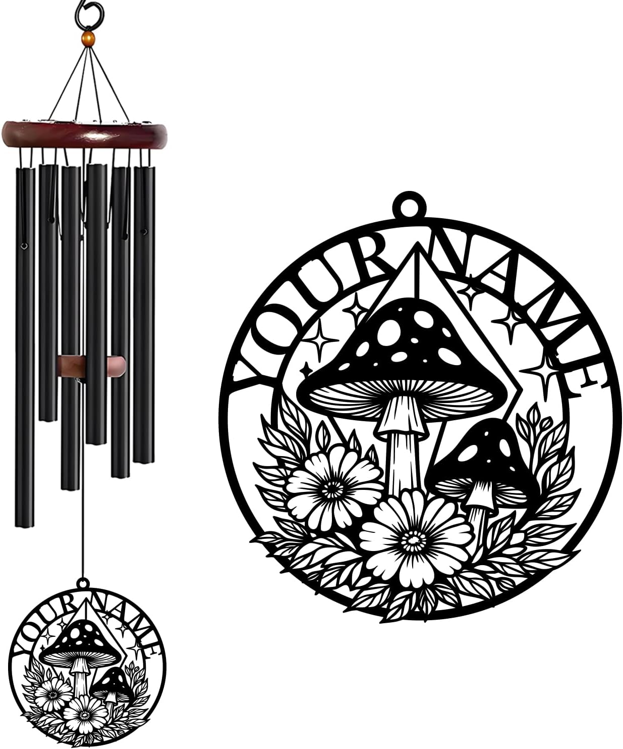 Personalized Customize Name Fantasy Mushroom Wonderland Wind Chime, Metal Iron 37 Inch Outdoor Memorial Gift for Garden Yard Patio Home Decor, Black (Style I)