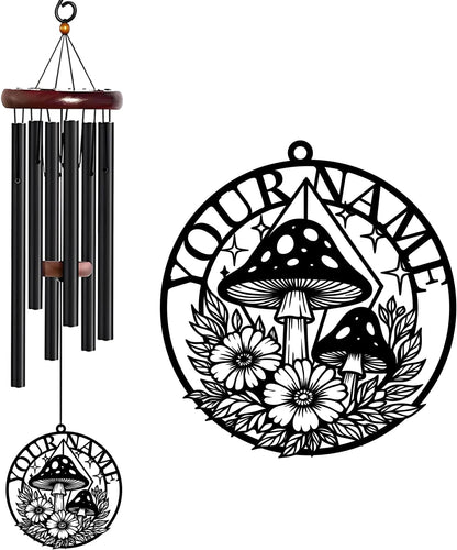 Personalized Customize Name Fantasy Mushroom Wonderland Wind Chime, Metal Iron 37 Inch Outdoor Memorial Gift for Garden Yard Patio Home Decor, Black (Style I)