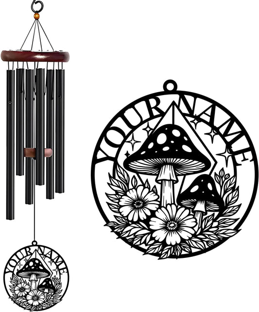 Personalized Customize Name Fantasy Mushroom Wonderland Wind Chime, Metal Iron 37 Inch Outdoor Memorial Gift for Garden Yard Patio Home Decor, Black (Style I)