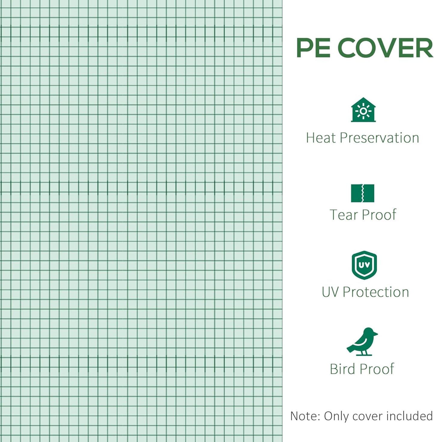 Outsunny 9.8' x 6.6' x 6.6' Plastic Greenhouse Cover Replacement, Heavy Duty Waterproof Tarp for Hoop House, Sheeting with 6 Windows, Door & Reinforcement Grid, Green