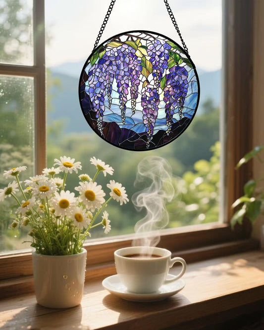 Stained Glass Window Hanging, Wisteria Flower Sun Catcher for Door Home Decor Purple and Blue