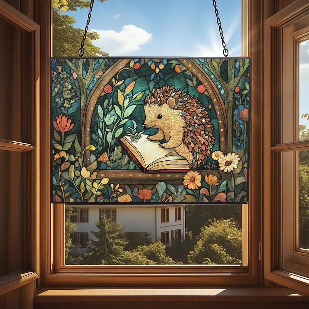 Rectangle Boho Hedgehog Drawing Plants Stained Glass Window Hanging,Hummingbird Sun Catchers Indoor Window Decor, Stained Glass Suncatcher Gifts for Women, Christmas