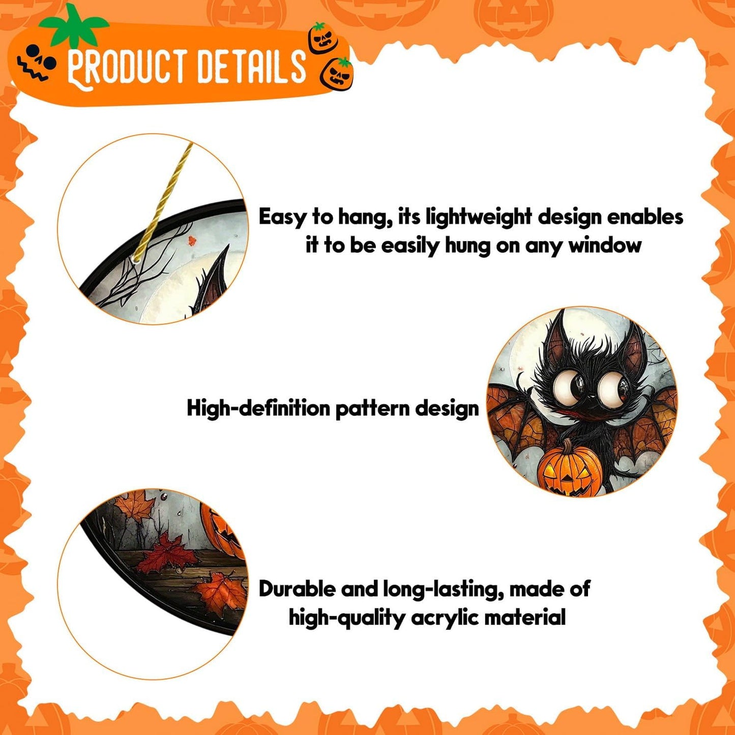 7.87inch Halloween Sun Catchers Stained Glass Window Hanging Evil Bat Pumpkin Acrylic Suncatcher Indoor Wall Art Home Round Ornament Decor for Women Men Family Party Gift