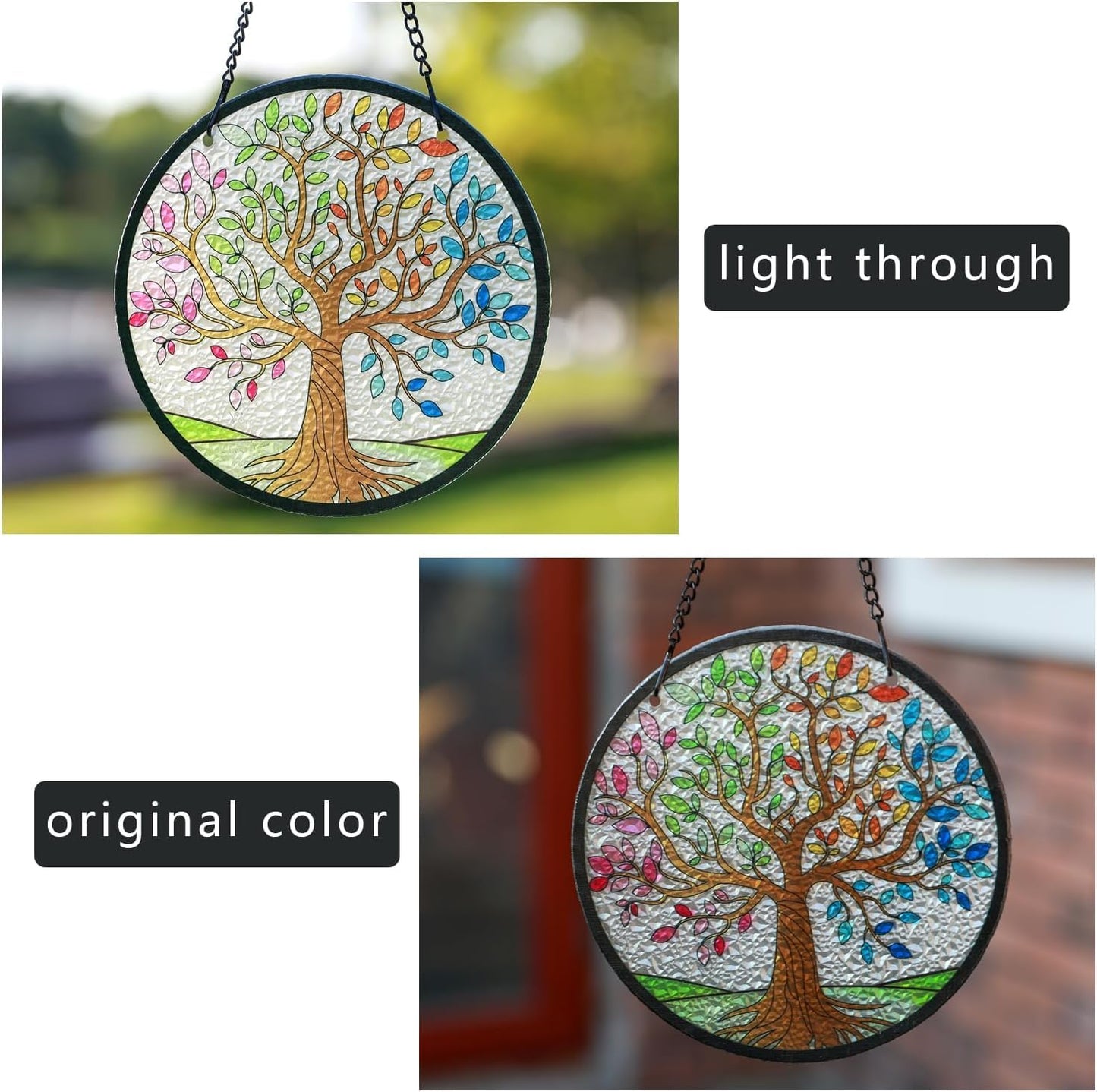 Kanpura Tree of Life Stained Glass Suncatcher Colorful Leaves Suncatchers for Window Hanging Stained Glass Panel Decor for Women (6.3 Inch)
