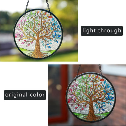 Kanpura Tree of Life Stained Glass Suncatcher Colorful Leaves Suncatchers for Window Hanging Stained Glass Panel Decor for Women (6.3 Inch)