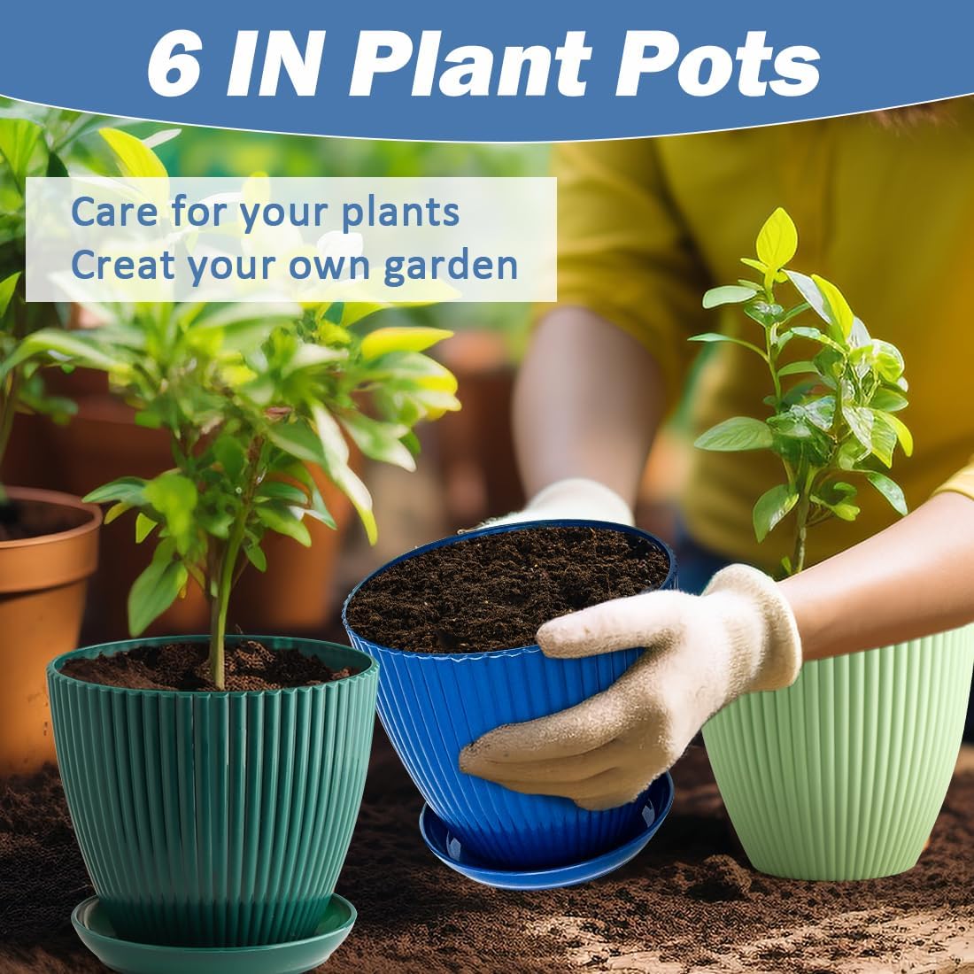 6 Inch Plant Pots, Plastic Flower Pots for Indoor Outdoor Plants, Planters with Drainage Holes and Tray Saucers, Cute Succulent Pots Durable and Light Weight (6 Pack)