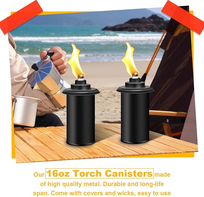6 Pack Torch Canisters,16oz Replacement Torch Refillable Canisters with Wicks,Caps, Outdoor Citronella Fuel Torch Canister for Luau Party, DIY Garden Decor.