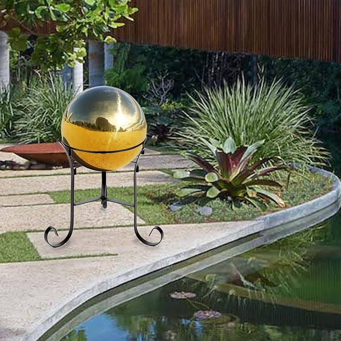Nerien 8 Inch Gazing Ball, Stainless Steel Garden Mirror Globe, Polished Ornament Sphere, Hollow Floating Reflective Hemisphere, for Home Outdoor Pond Housewarming Swimming Pool Decoration, Gold