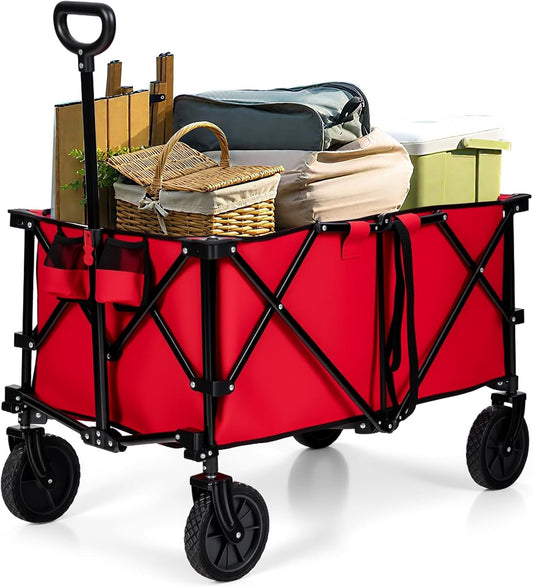 Goplus Collapsible Wagon, Folding Utility Wagon Cart w/Universal Wheels & Adjustable Handle & Cover