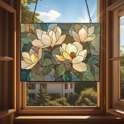 Rectangle Art Nouveau Twilight Magnolia Stained Glass Window Hanging, 15" W X 11" H Stained Glass Panel with Chain, Suncatchers for Windows Hanging Decorations, Gifts for Mom, Grandma