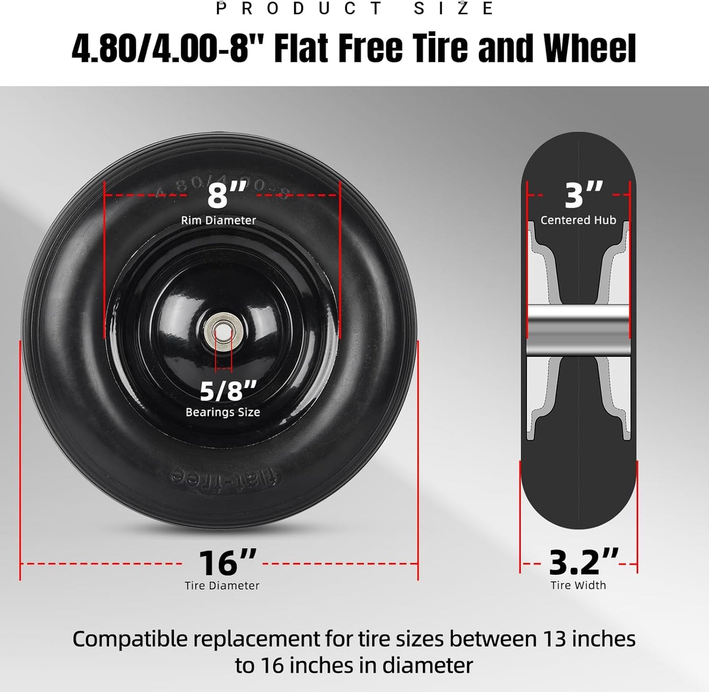 (2-PACK) 4.80/4.00-8" Tire and Wheel - Universal Fit 16" Flat Free Solid Wheelbarrow Tires with 3" Hub and 5/8" Bearings – Extra Adapter kit includes 3/4" Ball Bearings, 1" and 1/2" Nylon Spacers