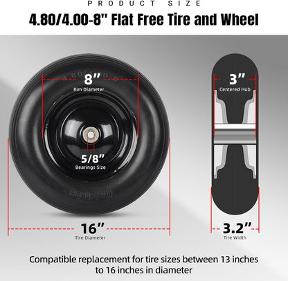 (2-PACK) 4.80/4.00-8" Tire and Wheel - Universal Fit 16" Flat Free Solid Wheelbarrow Tires with 3" Hub and 5/8" Bearings – Extra Adapter kit includes 3/4" Ball Bearings, 1" and 1/2" Nylon Spacers