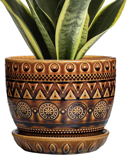 G EPGardening Ceramic Pot for Plants 5.5 Inch - Ceramic Plant Pot with Drainage Hole and Saucer, Boho Round Planter for Indoor Outdoor Plants, Plant Lover Gifts, Office Garden House Decor, Brown
