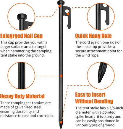 Eurmax USA 10 inch Multiuse Heavy Duty Steel Tent Stakes Tarp Pegs Camping Stakes for Outdoor Camping Canopy and tarp with 4 Ropes 10FT Length,8pcs(Black)