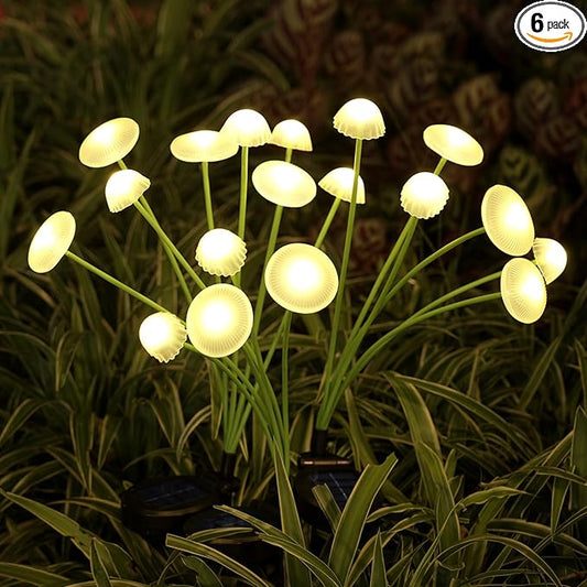 Solar Garden Lights, 6-Pack Dual Mode LED Solar Mushroom Lights, Waterproof Firefly Outdoor Decor for Yard, Patio, and Pathway – Warm White Jellyfish Ambiance