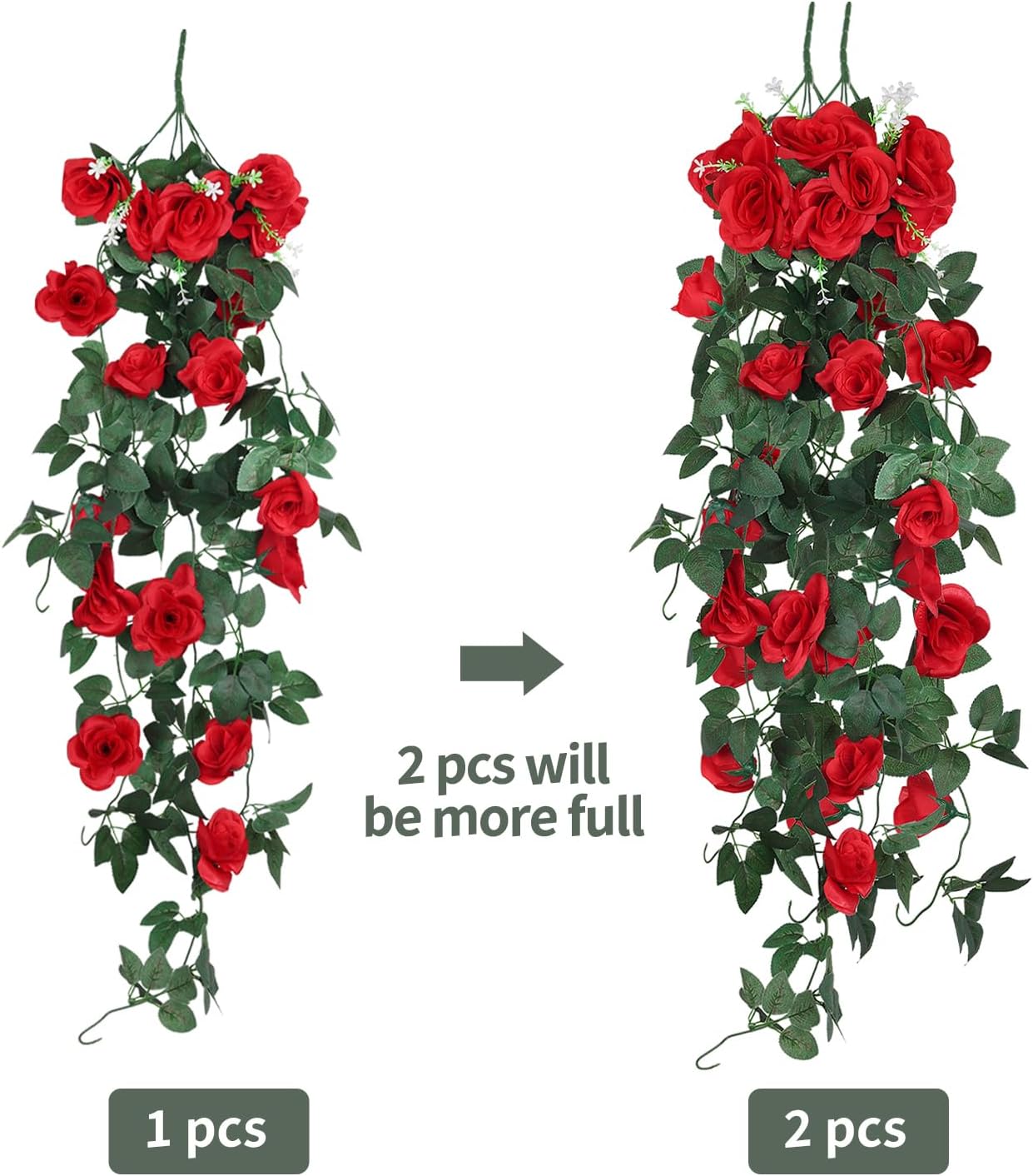 RECUTMS Hanging Rose Flowers Artificial Vines for Outdoors with 30 LED Fairy String Lights Indoor Home Garden Wall Wedding (Red)