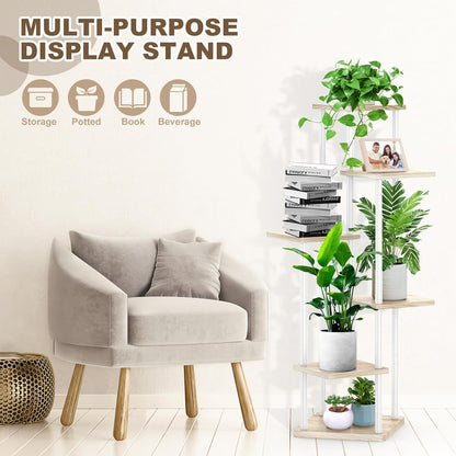 6 Tier Wood Tall Plant Stand Metal Rack Indoor, Multiple Flower Pot Holder Shelves Corner Rack, Planter Shelf Display Rack Storage Organizer for Patio Living Room Balcony Garden(White Oak)