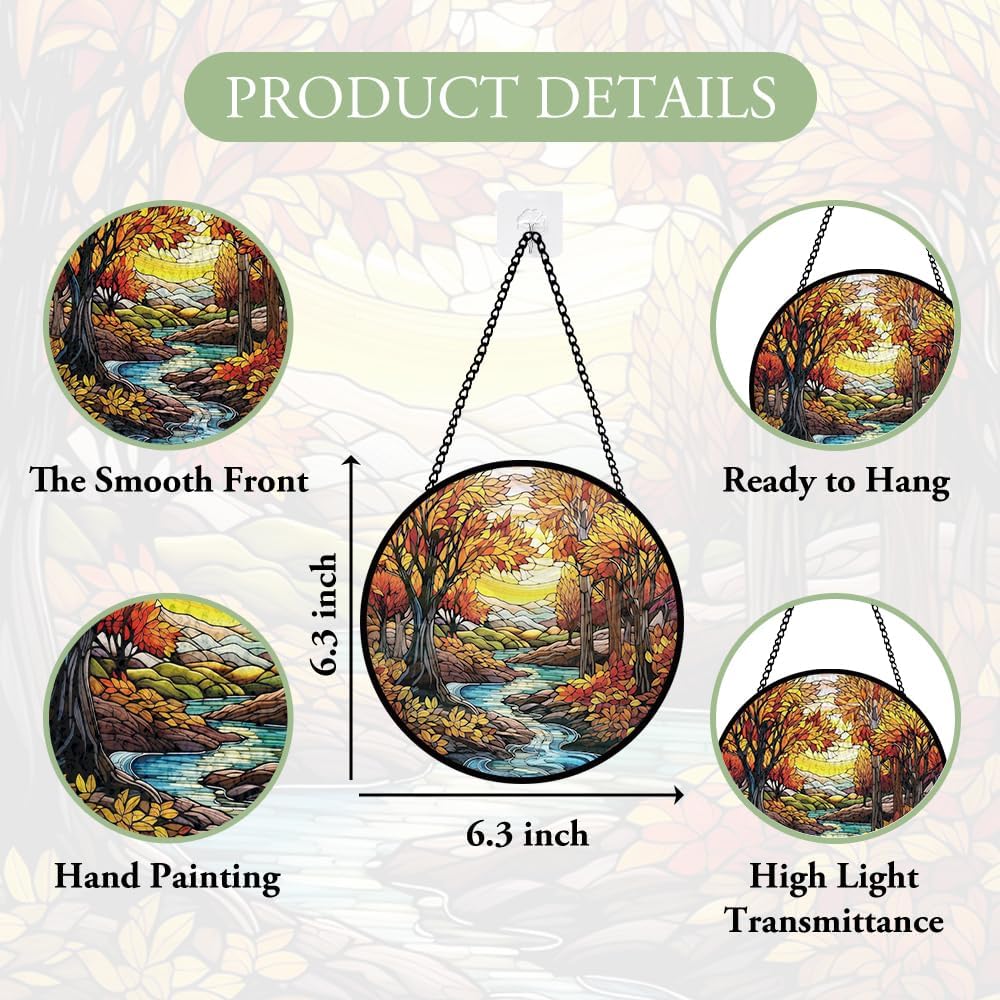Forest Stained Glass Hanging Decoration, Fall Leaves Stained Glass Window Hanging for Window, Woodland Tree Glasses Ornament, Glasswork Wall Decor, Glasswork Ornam Gifts for Birthday, Housewarming