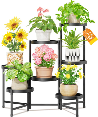 LASZOLA 7 Tiered Folding Plant Stand Indoor for Multiple Large Planter, Tall Heavy Duty Adjustable Rack with Rust Proof 10 Inch Wide Tray, Sturdy Vertical Tree Organizer for Narrow Inside Floor, Black