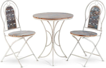 Alpine Corporation Indoor/Outdoor 3-Piece Wood and Metal Bistro Set Table and Folding Chairs Patio
