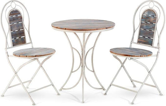Alpine Corporation Indoor/Outdoor 3-Piece Wood and Metal Bistro Set Table and Folding Chairs Patio