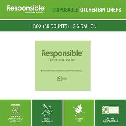 Responsible Products Kitchen Bin Liners, Certified Compostable, Heavy Duty Multipurpose Food Scrap Bags, Made from Compostable Materials (2.6 Gallon Flat Top, 2.6 Gallon (30 Count))