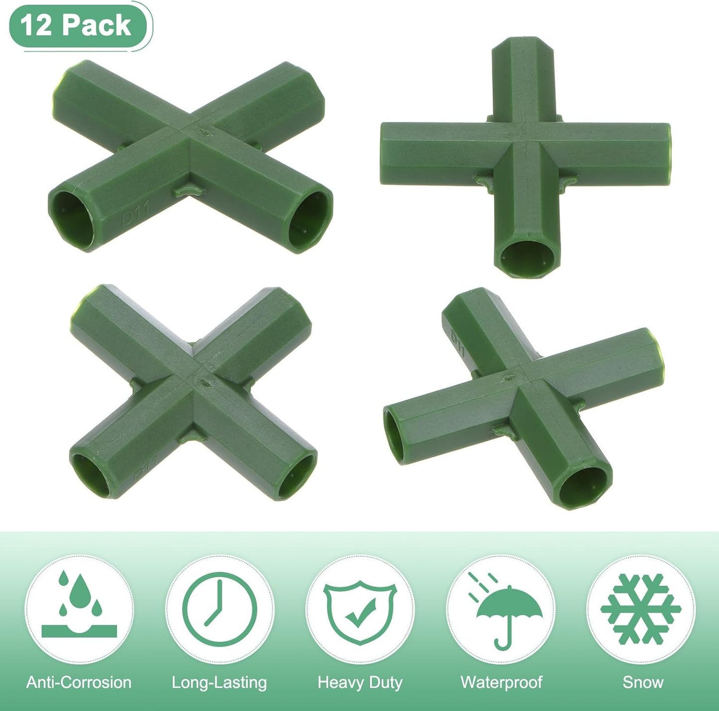 12 Pcs 11mm Greenhouse Frame Building Connectors, 4 Way Flat Pipe Fitting for Grape Trellis/Sunscreen Shed/Gardening Plant Stakes, Greenhouse Accessories [Green]