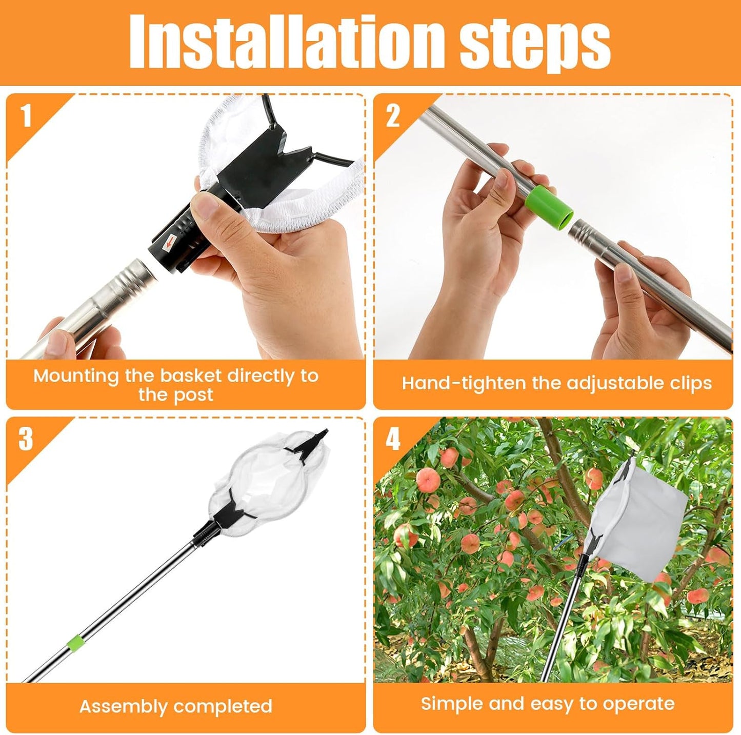 Fruit Picker Pole 6.5 FT Adjustable Pole with Soft Bag Fruit Catcher Equipment Tree Picker with Fruit Storage Bag for Apples Mango Pear Orange Avocados Fruit Picking(2m/6.56ft)