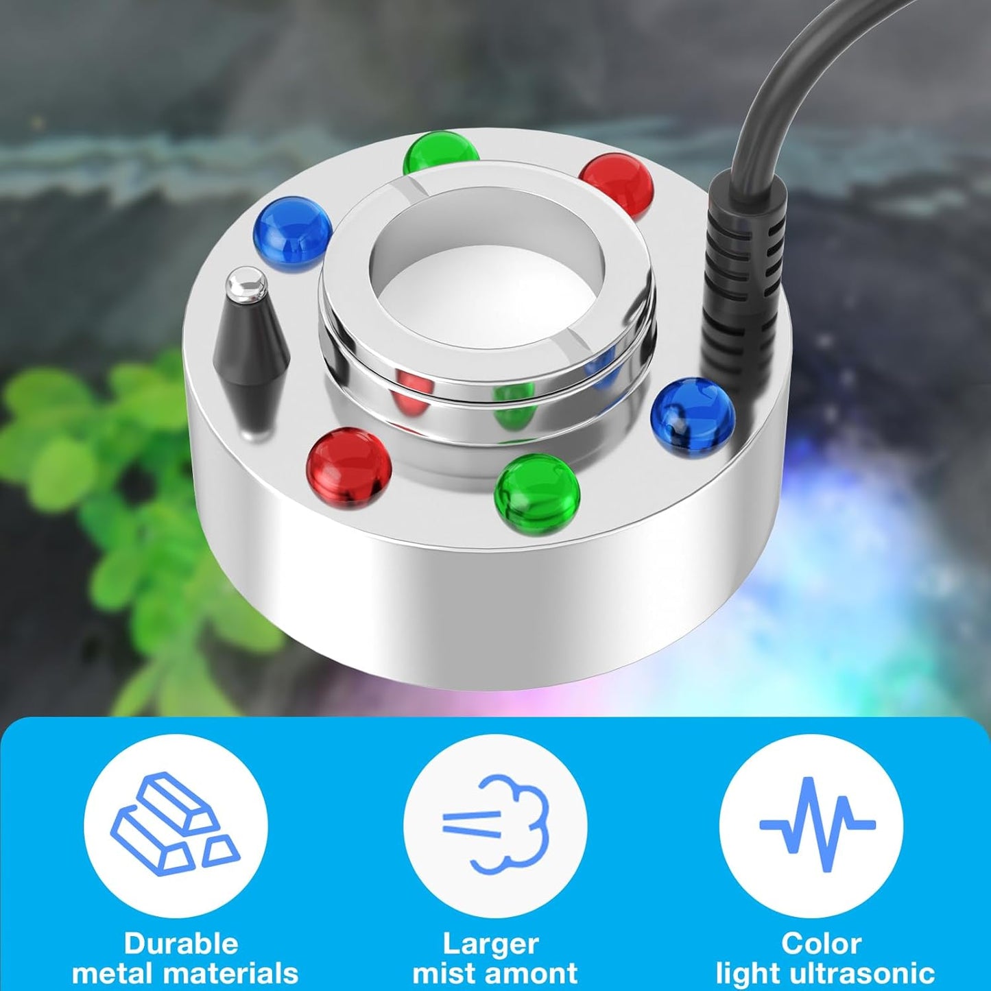 FITNATE High Power Mist Maker, 1500ML/H Large Volume Mist Fogger with 6 LED Light Fog Machine Atomizer for Halloween, Pond, Garden, Rockery,Yard