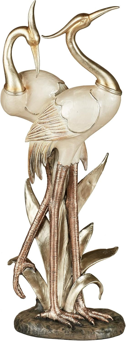 Touch of Class Pretty Pose Double Crane Metallic Table Sculpture - Ivory, Gold, Copper - Bird