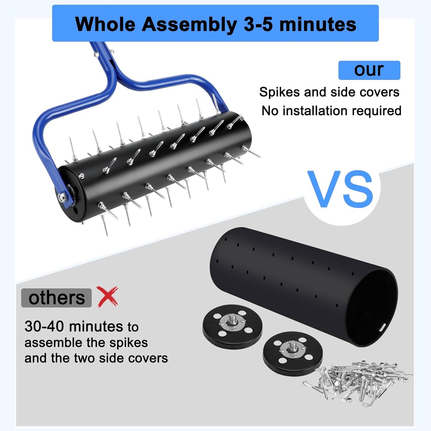 21" Rolling Lawn Aerator, 45 Preassembled Spikes, Only Needs 3-5 Minutes to Assemble, No Looseness, No Bending, No Need to Add Weight, 75" Long Handle with Quick Clip Connections - Blue